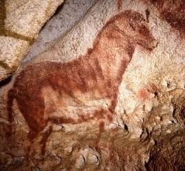 Photo de la peinture d'un cheval rouge sur la paroi de la grotte de Lascaux.